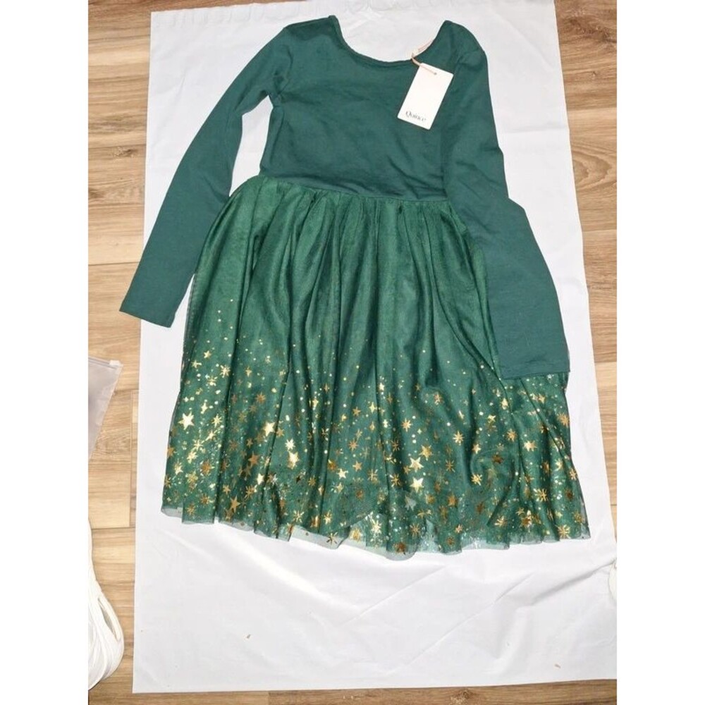 Quince Girls Holiday dress Dark Green with gold 8 NWT